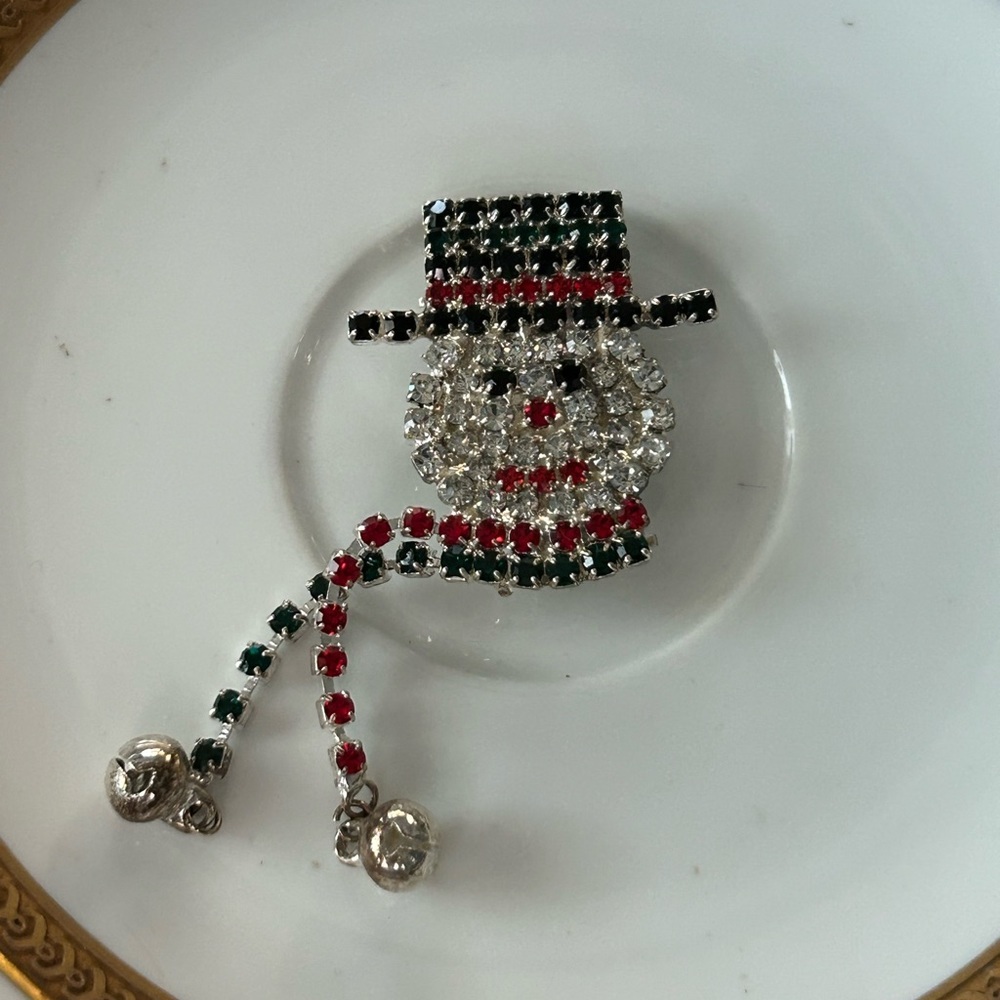 Vintage Rhinestone Snowman Brooch